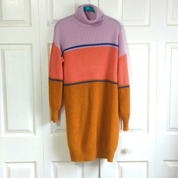 Oversize Turtleneck Color Block Sweater Dress - Picture 1 of 7